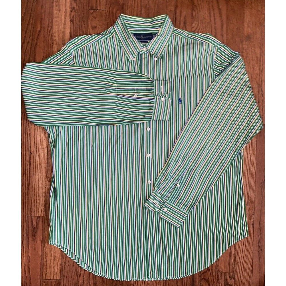 Ralph Lauren Shirt Mens XL Classic Fit Button Up Green Yellow Double Stripe
